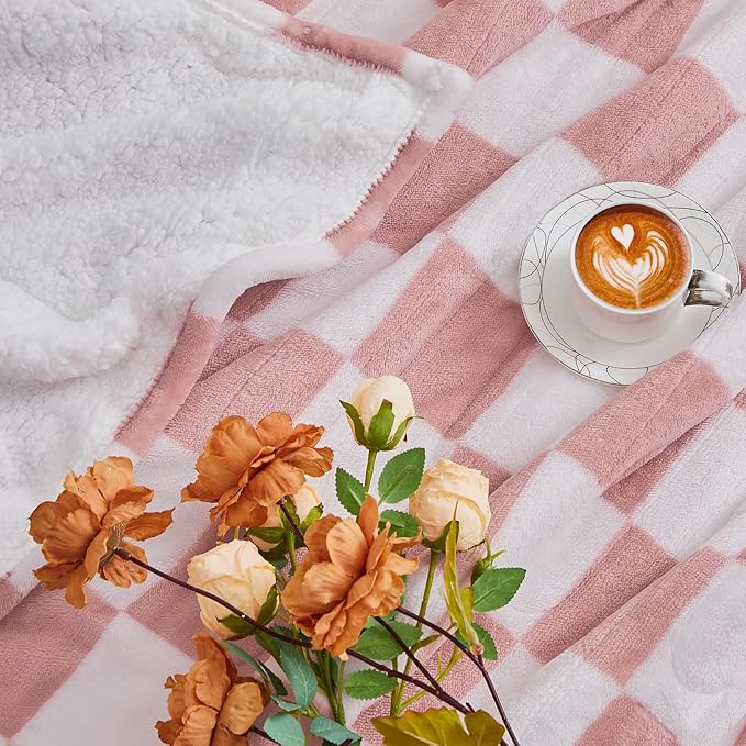 Light Pink Heated Blanket Electric Throw, 50X60 Heating Blanket with 10 Heat Levels & 8 Hours Auto Off for Lap, Checkered Plaid Soft Sherpa Blankets Warmer Gifts for Couch Grandma Women Adults, ETL