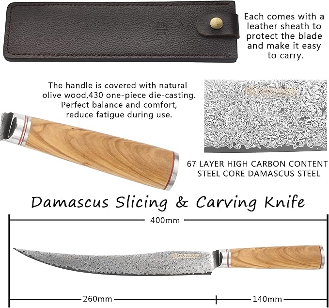 YOUSUNLONG Slicing & Carving Knife -10''(25.4cm) - Damascus Steel - Japanese Hammered Super Steel - Razor Sharp - Italian Olive wood Handle With Leather Sheath -Ham Slicer- Slicing Cleaver