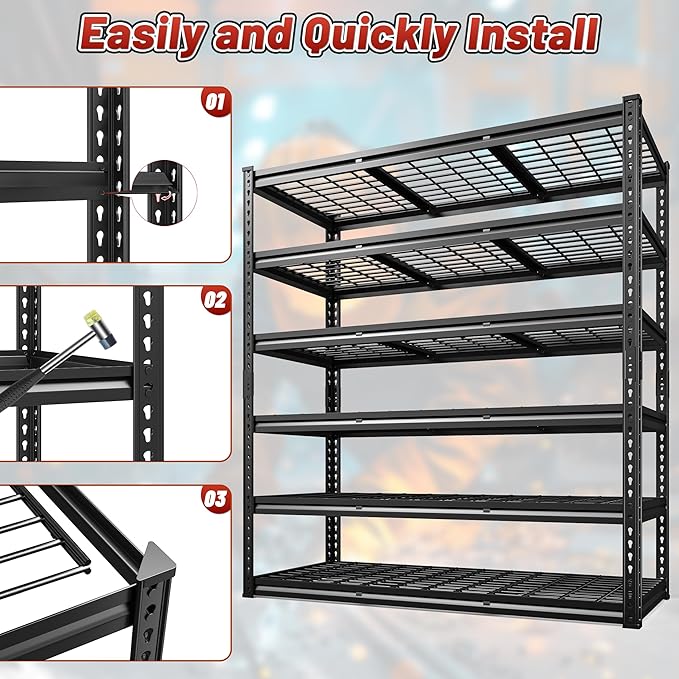 REIBII 3600LBS Garage Shelving 78" H Shelves for Garage Storage Metal Storage Shelves 6 Tier Adjustable Shelving Unit for Basement Warehouse Pantry 48" W X 24" D X 78" H