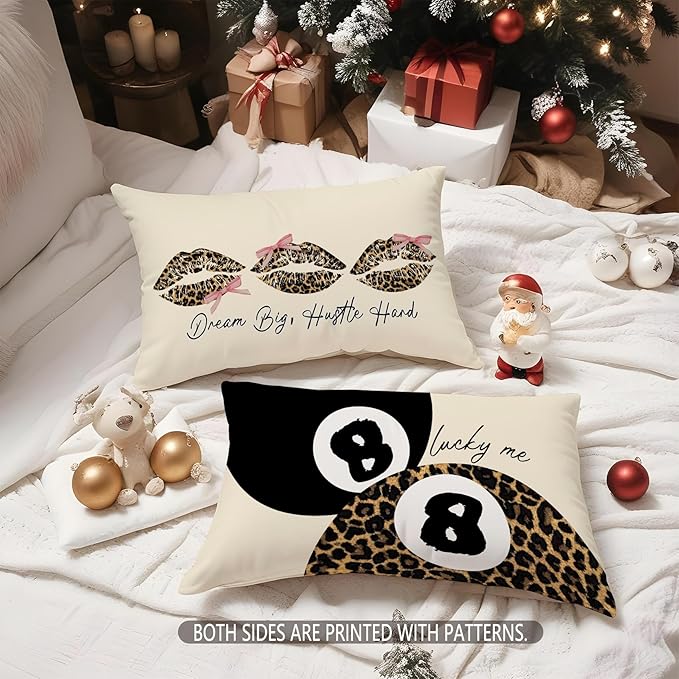 Leopard Star Lucky 8 Ball Throw Pillow Covers 20x12, Cheetah Print Room Decor, Trendy Funky Y2K Leopard Print Decorative Pillow Covers for Girls Room Dorm Apartment Home，Set of 2