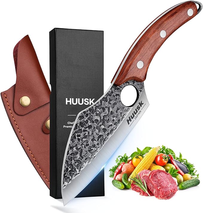 Huusk Hand Forged Meat Cleaver - Butcher Knife for Meat Cutting, Japanese Kitchen Viking Knife with Sheath, Cooking Knives for Kitchen and Outdoor Camping, Thanksgiving Christmas Gifts