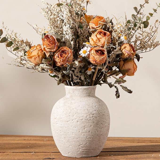 Ceramic Flower Vase Home Decor - Small Farmhouse Table Vases Rustic Vintage Living Room Kitchen Bedroom Decorations for House Book Shelf Office Coffee Desk Dining Fireplace (6" Rustic)