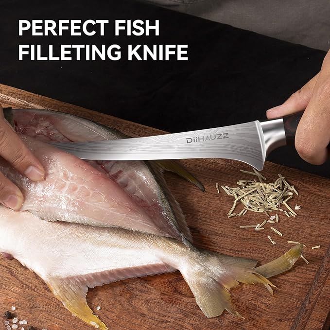 Fillet Knife 7 Inch, Razor Sharp Boning Knife High Carbon Stainless Steel for Fish Meat Poultry Cutting, Japanese Style Fish Knives with Flexible Ergonomic Pakkawood Handle