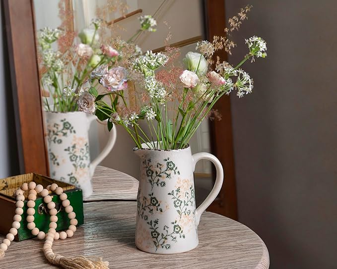 Ceramic Vintage Flower Vase with Handle, Chinoiserie Floral Pitcher Vase for Home Decor, Decorative Vases for Centerpiece Table Decorations, Green and White Vases for Living Room Kitchen Shelf Decor