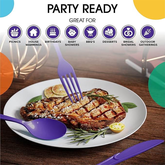 Party Solids Purple Plastic Knives 200 Pcs Purple Knives Disposable Utensils Heavy Duty Plastic Cutlery Set Disposable Cutlery Sets Flatware Sets Silverware Set Party Supplies & Party Tableware
