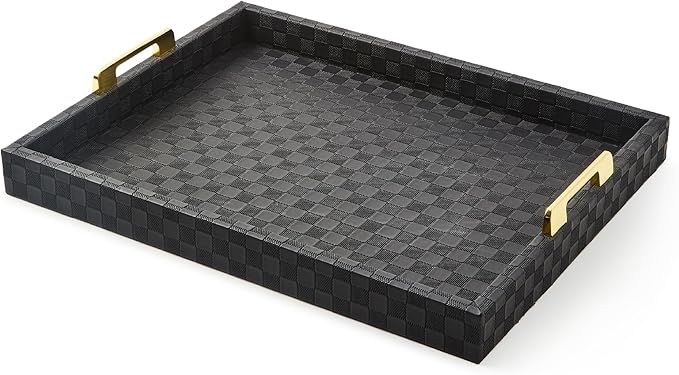 MACKENZIE-CHILDS Black Faux-Leather Tray with Handles, Rectangular Tray for Serving, Large