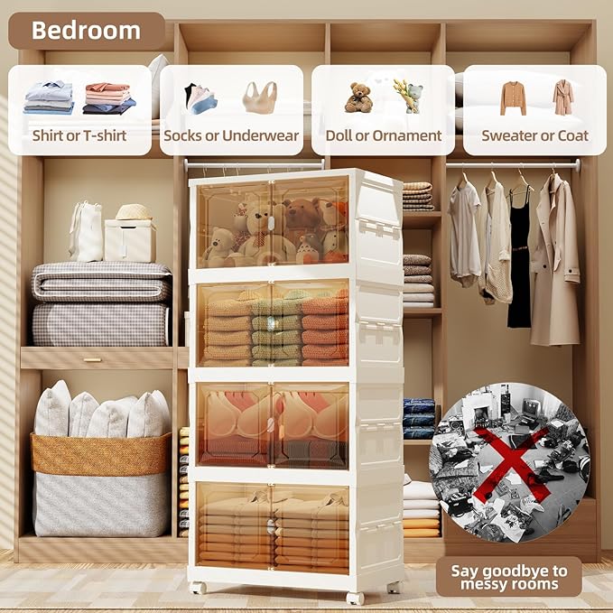 220 QT Large Collapsible Plastic Storage Bins, 4 Tier Stackable Storage Bins for Closet Bedroom, Large Plastic Containers with Wheels, Storage Cabinet with Magnetic Doors, White (220QT-4Tier)