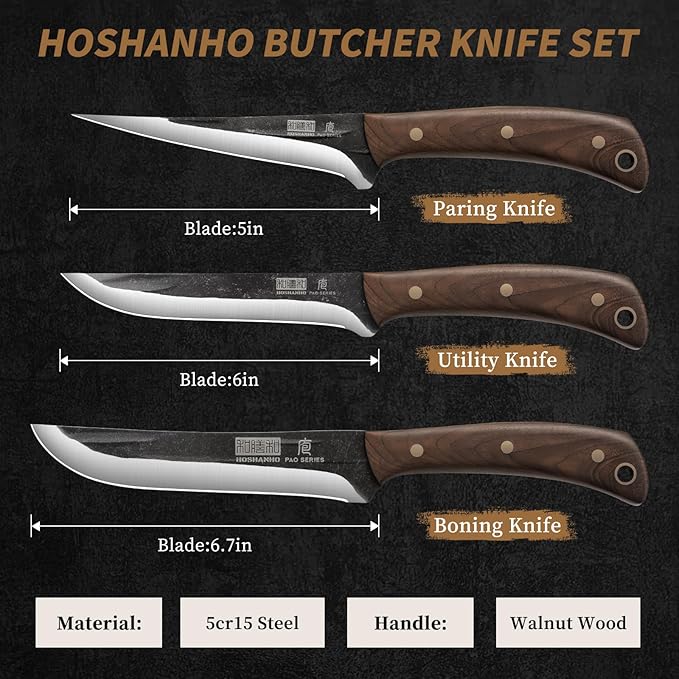 HOSHANHO Butcher Knife Set 3-Piece, Super Sharp Hand Forged Fillet Knife & Dividing Knives & Paring Knives Set, Upgraded High Carbon Stainless Steel Meat Cutting for Home, Outdoor