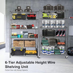 YNN Storage Shelves,2100Lbs 6 Tier Heavy Duty Metal Rolling Shelving Unit with Wheels & 8 Hooks, Adjustable Garage Wire Rack for Kitchen, Bathroom,Industrial,Pantry(36" W x 14" D x 72" H,Black)