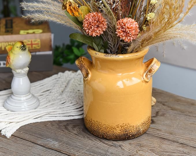Quoowiit Ceramic Rustic Farmhouse Vase, Distressed Decorative Flower Vase for Home Decor, Ideal Shelf Decor, Yellow Boho Vases for Living Room Bedroom Kitchen Office Centerpiece Table Decorations