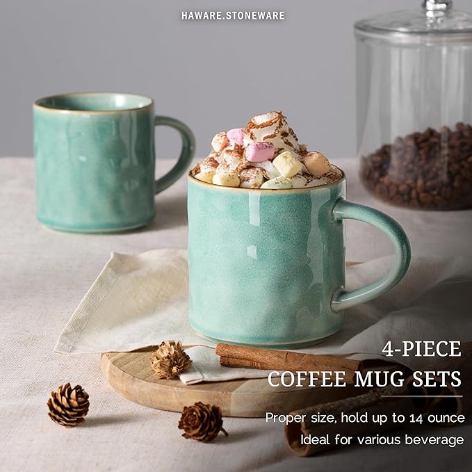 HaWare 14OZ Coffee Mugs Set of 4, Stoneware Coffee Cups with Handle, Latte Mug for Man, Woman, Dad, Mom, Modern Tea Mugs for Latte/Cappuccino/Cocoa/Milk, Dishwasher& Microwave Safe, Reactive Green