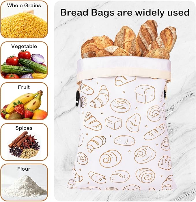 LAKE OF FIRE 16.9"x12.6" Reusable Bread Storage Bags for Homemade Bread with Reusable 2 Bowl Covers,Large Sourdough Bread Bags Food Storage Cloth Bag (White + Bread)