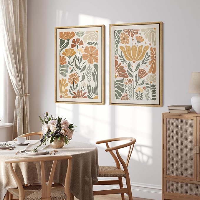 SIGNFORD Framed Canvas Print Wall Art Set Vintage Flower in Pastel Illustration Modern Art Decorative Nordic Nature for Living Room, Bedroom, Office - 24"x36"x2 Natural
