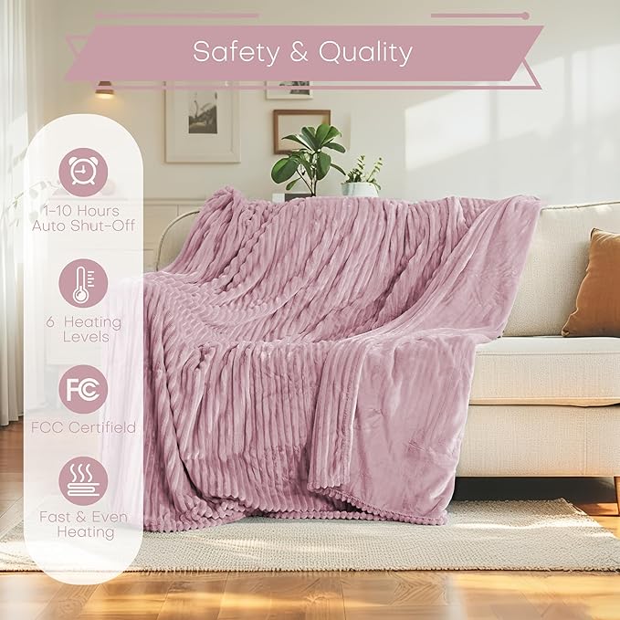 Electric Heated Blanket 50"x60" Throw Size with Cozy Flannel, 6 Heat Settings & 3 Hours Auto Off, Soft & Cozy Warming Throw for Home, Office, or Bed, Machine Washable, Pink