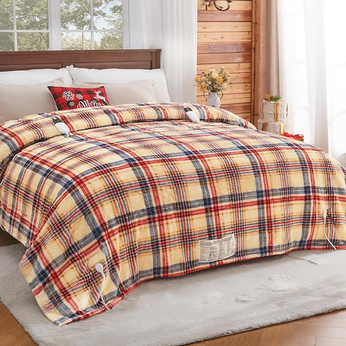 Heated Electric Blanket Queen Size, 84X90 Heating Blanket Queen with Dual Control&10 Heats Levels&Timer for Bed,Brown Plaid Sherpa Soft Blankets Warmer Gift for Grandma Women Adults, Washable,ETL