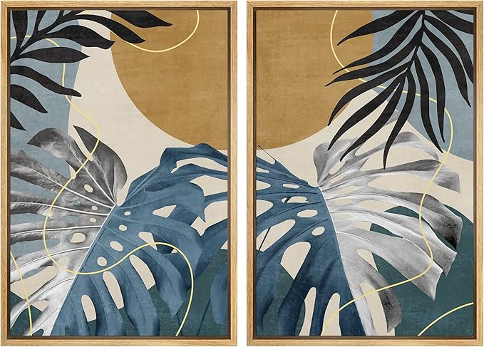 SIGNFORD Framed Canvas Print Wall Art Set Jungle Tropical Monstera Palm Leaf Abstract Shapes Illustration Modern Art Decorative Nordic Nature for Living Room, Bedroom, Office - 16"x24"x2 Natural