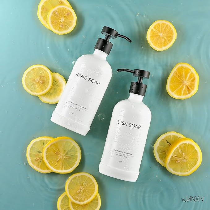 Glass Soap Dispenser Set with Ceramic Tray, 16.9 floz Hand and Dish Soap Dispenser for Bathroom Decor, White and Black Kitchen Accessories (White Bottles + Black Pumps)