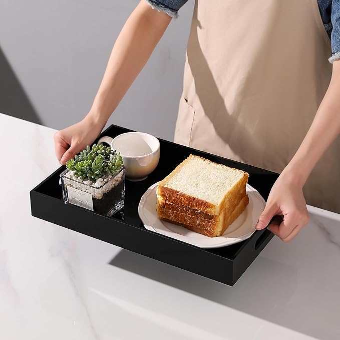 Glossy Black Sturdy Acrylic Serving Tray with Handles-10x15Inch-Serving Coffee,Appetizer,Breakfast,Butler-Kitchen Countertop Tray-Makeup Drawer Organizer-Vanity Table,Ottoman Tray-Decorative