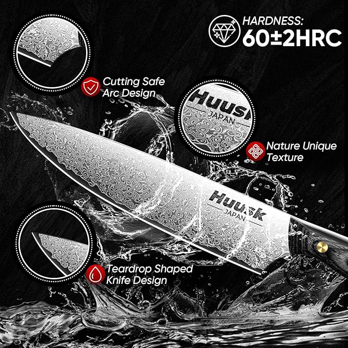 Huusk Damascus Chef Knife 8 inch, VG10 Kitchen Knife, Sharp Cooking knife with Ergonomic Wooden Handle for Vegetable Fruit and Meat Cutting, Birthday Dad Mom Gift