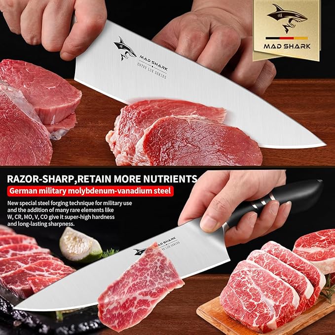 MAD SHARK Chef Knife 8 inch Chopping Knife High Carbon Stainless Steel Shark Chef's Knives with Ergonomic Handle, Cooking Knife with Gift Box, Birthday Gifts for Mom/Dad, Black