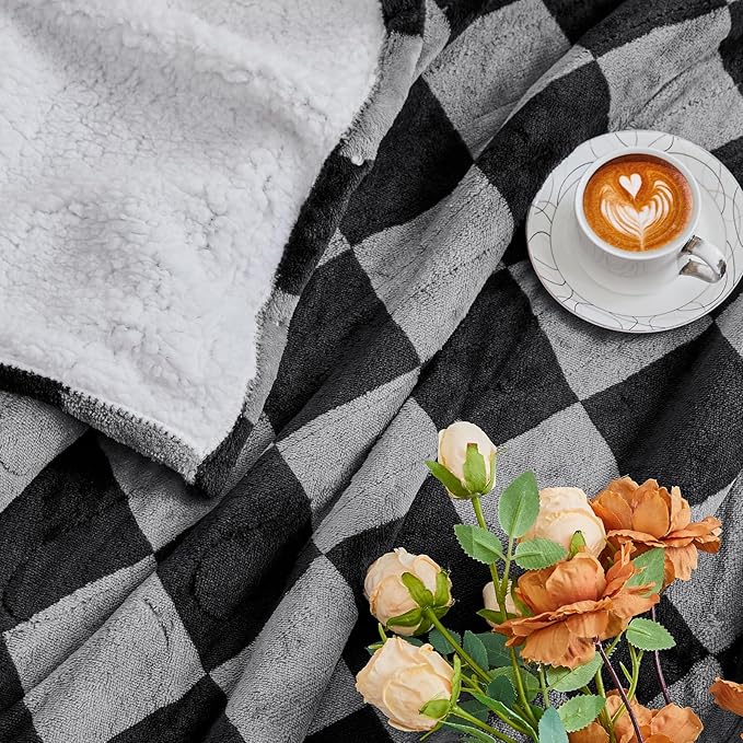 Heated Electric Blanket Twin Size, 62X84 Heating Blanket with 10 Heat Level & 8 Hours Auto Off, Black Gray Checkered Plaid Soft Fleece Sherpa Blankets Warmer Gifts for Couch Grandma Women Adults, ETL