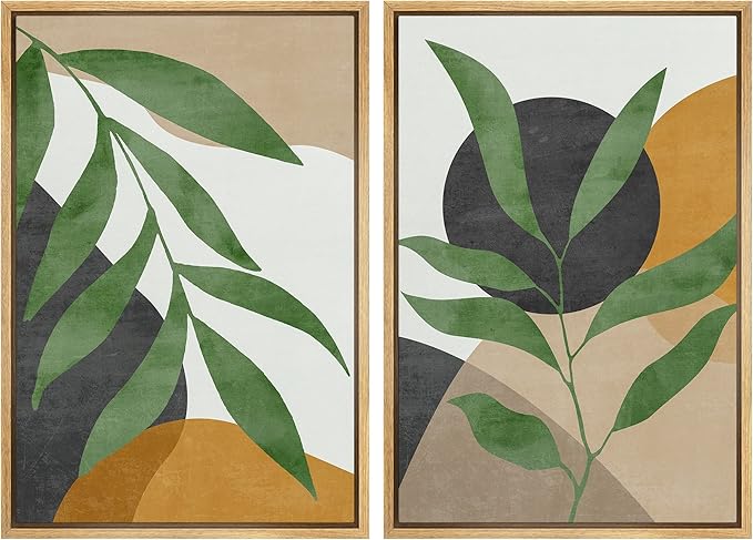 SIGNFORD Framed Canvas Print Wall Art Set Geometric Mid-Century Plant Collage Abstract Shapes Illustration Modern Art Decorative Nordic Nature for Living Room, Bedroom, Office - 24"x36"x2 Natural