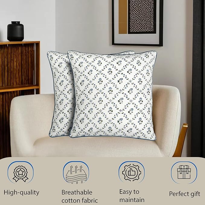 Ridhi Powder Blue Print Cotton Throw Pillow Covers for Decorative Couch Pillows for Living Room, Chic Boho Cute Outdoor Thanksgiving Ruffel Pillows Covers Gifts 16x16 Inches