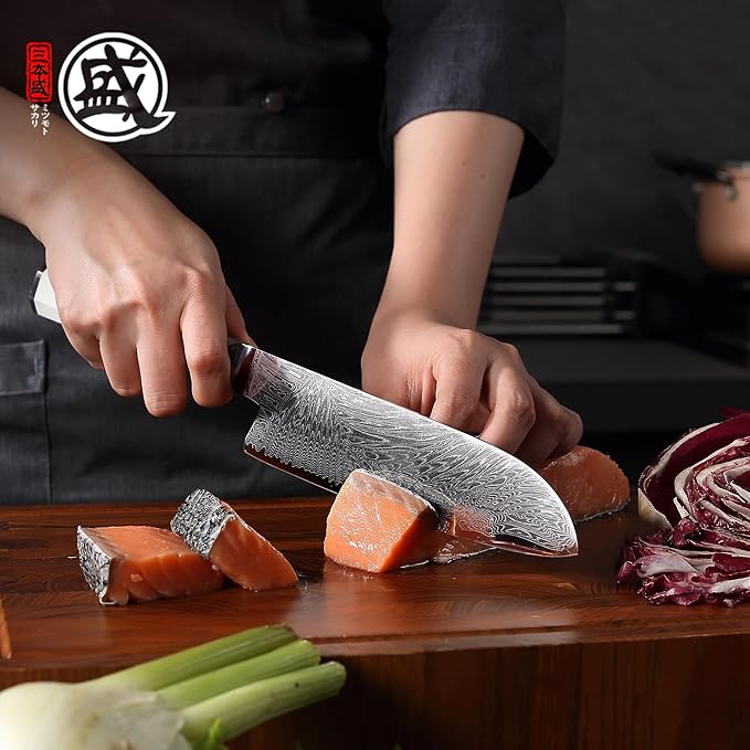 MITSUMOTO SAKARI Japanese Santoku Chef Knife, 8 Inch Kitchen Knife - Razor Sharp VG-Pro Steel Core, Precision Cutting for Meat & Veggies, Comfort Grip Ergonomic G10 Handle