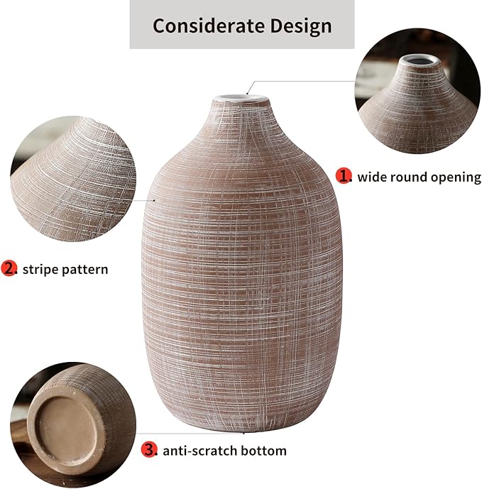 2024 Updated ALMA 9-in Tall Flower Vase Terracotta, Rustic Ceramic Vase for Pampas Grass|Farmhouse Decorative Vase in Boho Home Decor, Room, Shelf, Mantle Decor