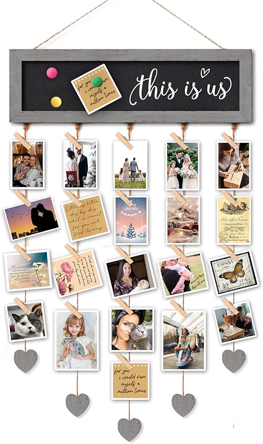 Picture Frames Cool Grey Collage Display Board with 30 Clips - Multi Photos Cards Organizer with Adjustable Twines and Magnetic Blackboard - DIY Wall Decor Hanging Picture Holder 15.7x5 Inches