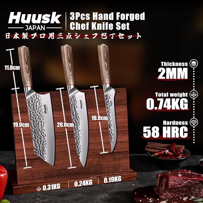 Huusk Japanese Kitchen Knife Set, 3-Piece Professional Chef Knives Set for Kitchen, Hand Forged Butcher Knife Set for Meat Cutting, Meat Cleaver Boning Knife with Pakkawood Handle, Gift for Men