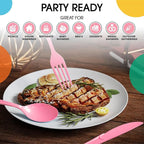 Party Solids Pink Plastic Silverware Heavy Duty 150 Pieces Pink Plastic Cutlery Sets, Utensil Sets, 50 Of Each Forks, Knives & Spoons Disposable Cutlery Set, Flatware Set For Party Supplies