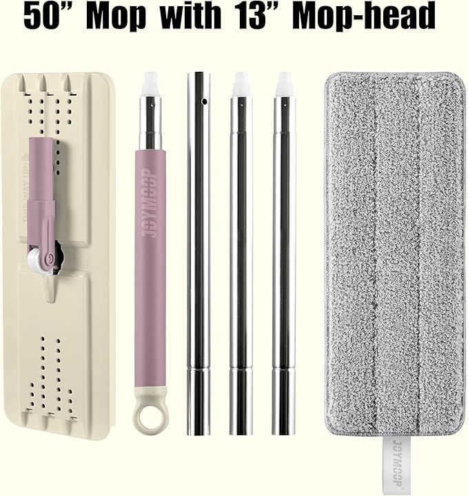JOYMOOP Flat Mop, Microfiber Mops for Floor Cleaning and Wall Cleaner, 50" Mop with 13" Flat Head with a Microfiber Mop Pad - Beige & Blush Brown