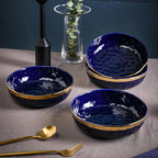 Stone Lain Florian 4-Piece Round Pasta Bowl Set, Blue with Gold Rim
