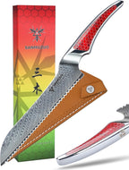 8 inch Serrated Bread Knife, Japanese VG-10 Damascus Steel Kitchen Knife, Ultra Sharp Bread Cutting Knife with Full-tang Handle in Red Resin, LA-S9 Series