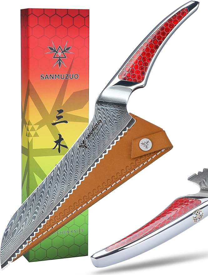 8 inch Serrated Bread Knife, Japanese VG-10 Damascus Steel Kitchen Knife, Ultra Sharp Bread Cutting Knife with Full-tang Handle in Red Resin, LA-S9 Series