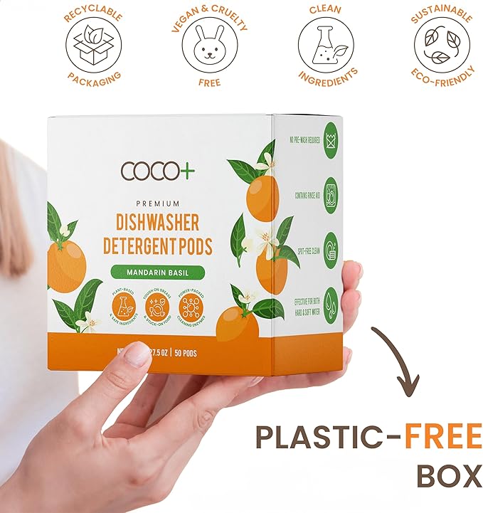 COCO+ Dishwasher Detergent Pods - Nano-Concentrated Enzymes Power with Rinse Aid & Hard Water Protection - Sparkling, Spotless Dishes - 50 Pods (Mandarin Basil)