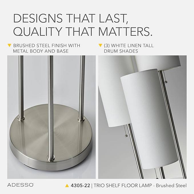 Adesso Trio Floor Lamp with Three Pull Chain Lights and Two-Tier Storage, Brushed Steel Base, White Linen Shades, 68” Tall, Enhances Room Decor and Lighting