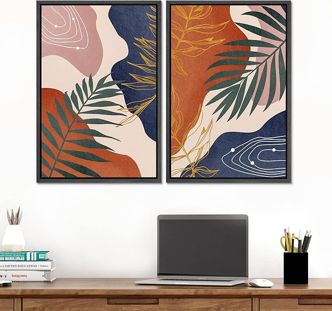 SIGNFORD Framed Canvas Print Wall Art Set Retro Mid-Century Geometric Forest Plants Abstract Shapes Illustrations Modern Art Decorative Bohemian for Living Room, Bedroom, Office - 16"x24"x2 Black