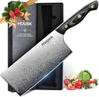 Huusk Damascus Cleaver Knife 7 inch, VG10 Butcher Knives for Meat Cutting, Kitchen Knives with Wood Handle for Chopper Vegetables, Hand Forged Chooping Knives, Birthday Dad Mom Gift