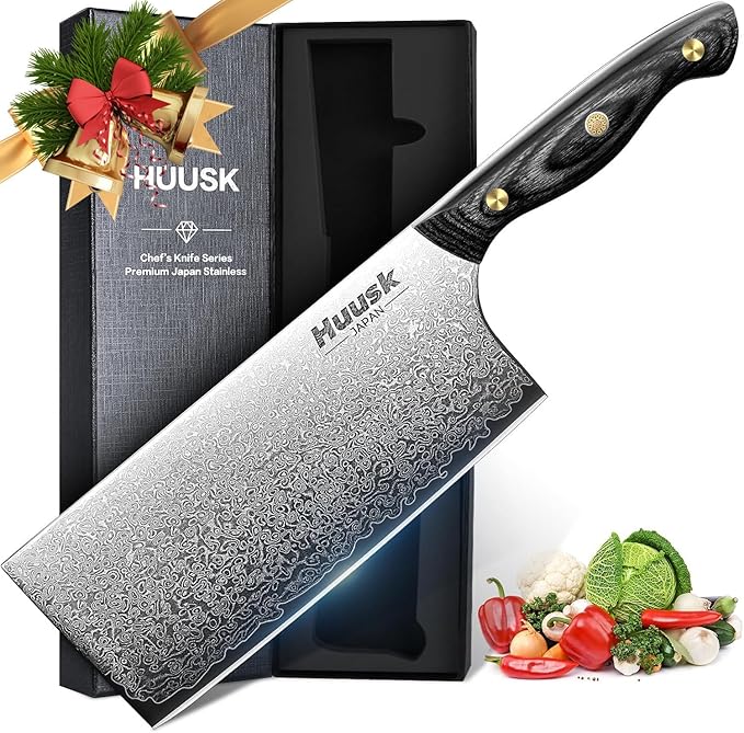Huusk Damascus Cleaver Knife 7 inch, VG10 Butcher Knives for Meat Cutting, Kitchen Knives with Wood Handle for Chopper Vegetables, Hand Forged Chooping Knives, Birthday Dad Mom Gift