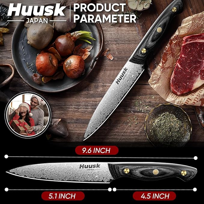 Huusk Damascus Kitchen Utility Knife, Japanes VG10 Small Chef Knife 5 inch with Ergonomic Wooden Handle, Versatile Knife for Vegetable Fruit Meat,Birthday Dad Mom Gift