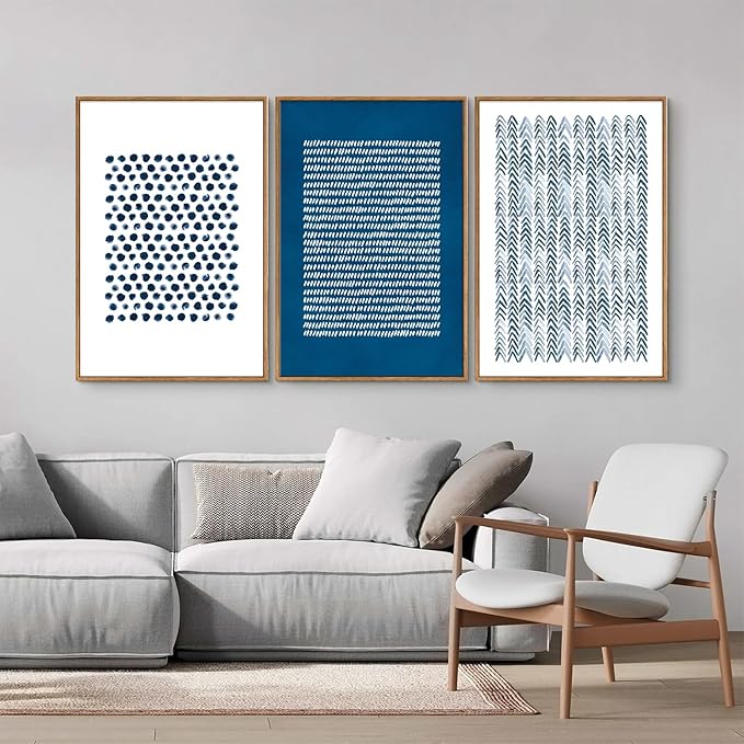 Tinonedraw Navy Blue and White Framed Canvas Wall Art Set, Minimalist Geometric Wall Decor, Neutral Abstract Artwork, Cozy Contemporary Art Prints for Bedroom Living Room Office Above Bed 24"x36"x3