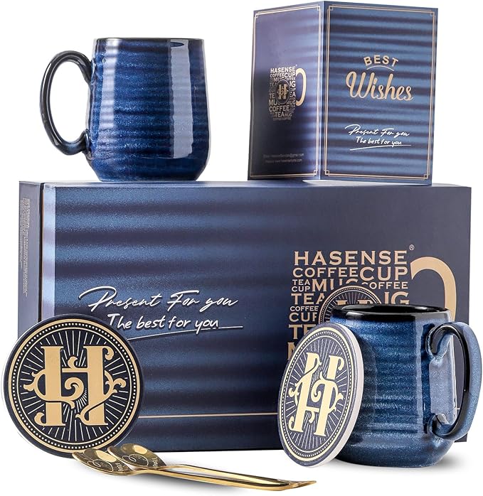 Hasense Coffee Mugs Set of 2, 12oz Ceramic Glazed Mugs with Handles, Blue Reactive Glazes Tea Cups Gift Set for Men and Women, Includes Gold Spoon & Coaster