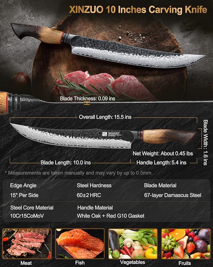 XINZUO 10 Inch Brisket Carving Knife，67-Layer Damascus Steel，Razor Sharp Curved Butcher Breaking Knives For Meat Cutting With White Oak + Red G10 Gasket Handle