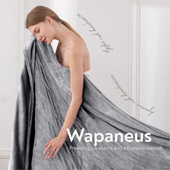Wapaneus Foot Pocket Heated Blanket Electric Throw with 10 Heating Levels and 4 Timer Settings 4 Hours Auto Shut Off, Flannel Fast-Heating Heated Throw 50" x 60", Machine Washable,Light Grey