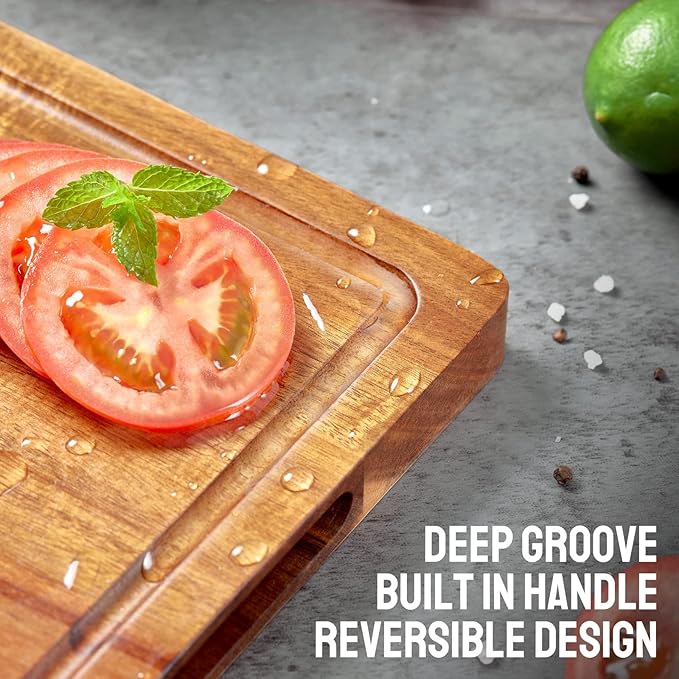 Cutting Boards, 16.5x13 Large Acacia Wooden Cutting Boards for Kitchen, Edge Grain Reversible Wood Chopping Board with Juice Groove and Handles, Pre-Oiled Carving Tray for Meat & Cheese