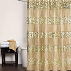 Zahari Home 13pc Sinatra Bathroom Shower Curtain Set - Gold Curtain & 12 Champagne Hooks - Luxury Fabric Bling Unique Beautiful Set