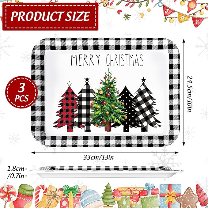 3Pcs Christmas Serving Trays Black and White Plaid Xmas Tree Platter Rustic Serving Dishes for Holiday Party Sharing Snacks Fruit Dessert Candy