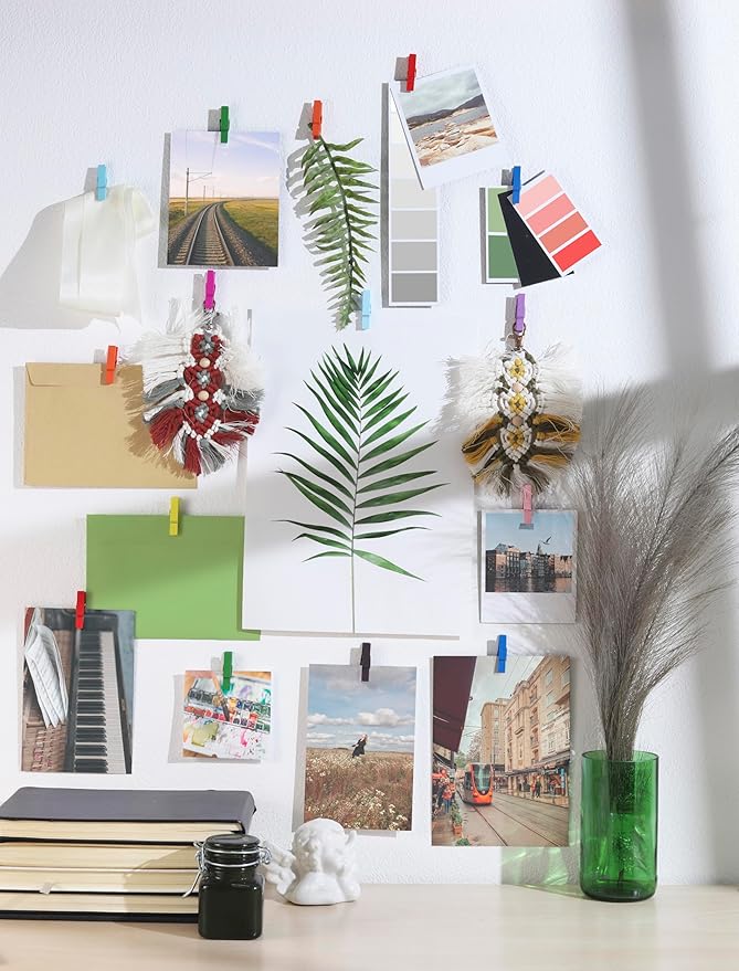 20 Pack Mini Self Adhesive Clips for Pictures - Mixed Colors Wood Clip Photo Holders for Wall, Poster Hanger, Photo Cards Hanging Display Board & Picture Boards, Artwork Photos Holders Card Room Decor